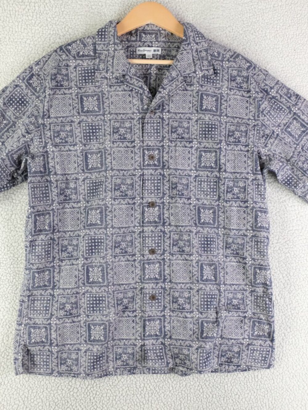 Reyn Spooner X Uniqlo Shirt Mens Large Blue White Geometric Button Up Camp